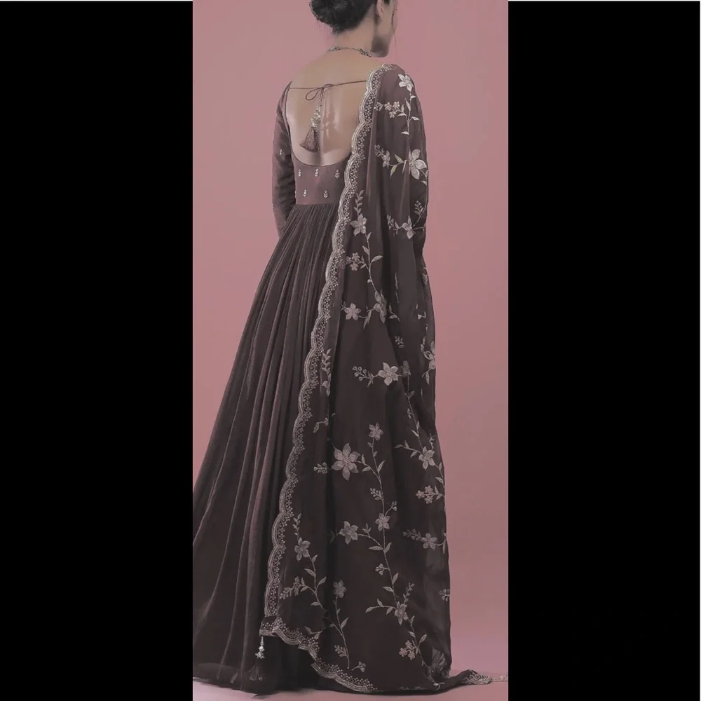 Grey Anarkali Suit In Chinon With Queen Style Embroidered Bodice In Zardosi Work - Picture 4 of 8